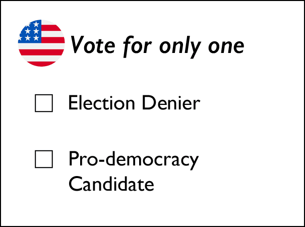 Vote-for-only-one-v3 Image of a ballot offering a choice between "election denier" and "pro-democracy candidate"