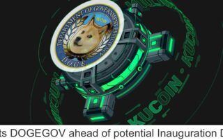 Graphic from DOGEGOV.com showing DOGE being listed on KuCoin, a cryptocurrency exchange