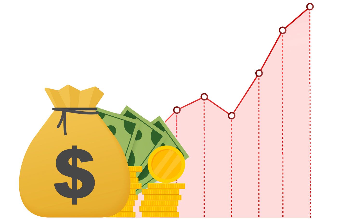 Image with upward sloping line graph and pile of money