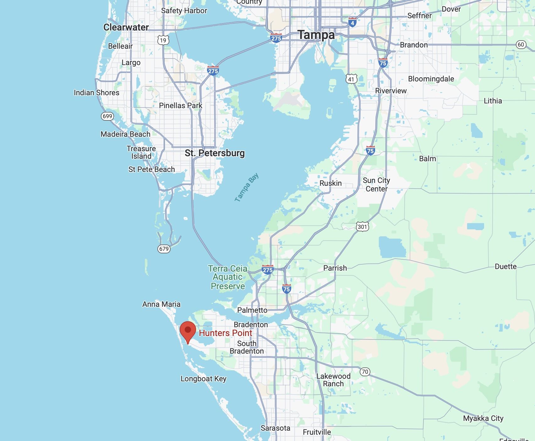 Map showing Hunters Point in relation to Tampa, FL