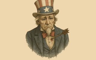 Wounded Uncle Same has an arrow in his heart and a single tear on his cheek.