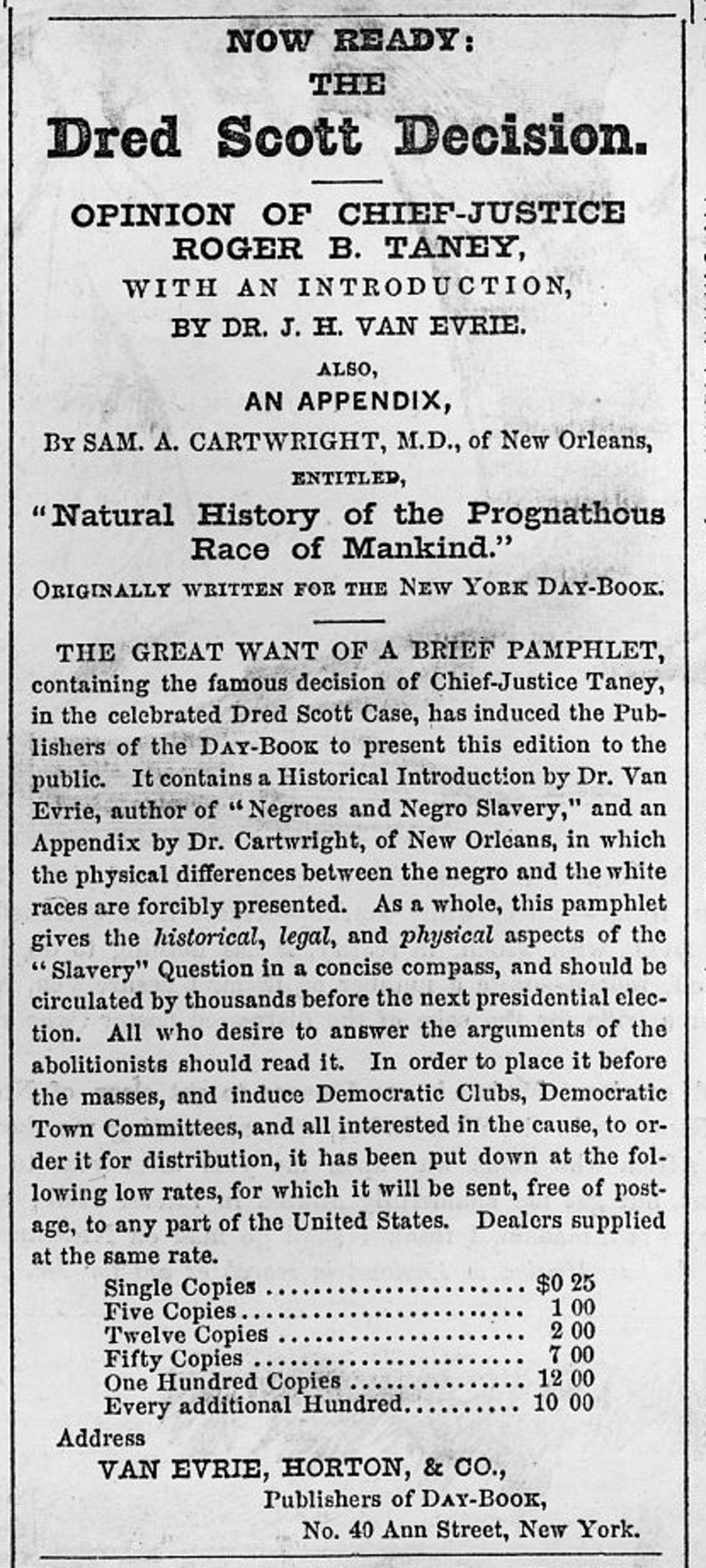 Advertisement for a pro-slavery pamphlet following the Dred Scott Decision