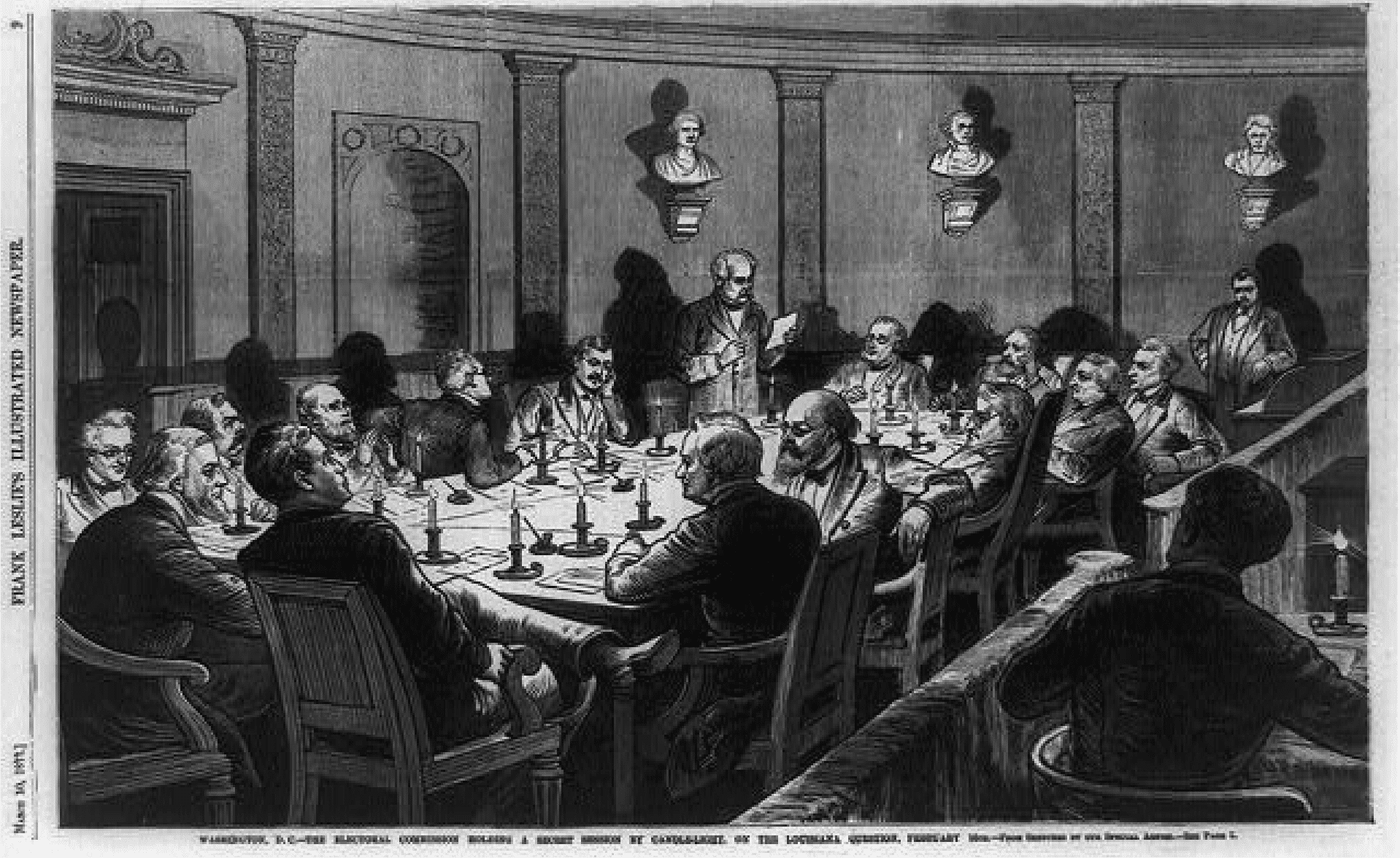 Electoral Commission holds a secret candlelight meeting, Feb. 16, 1877