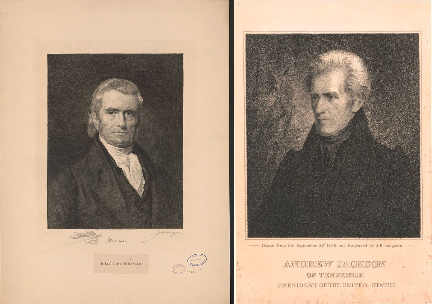 Portraits of Chief John Marshall and President Andrew Jackson