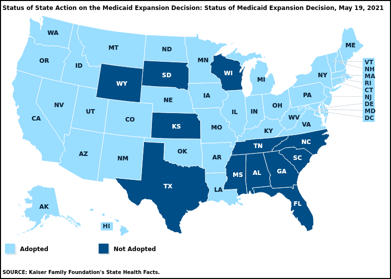 Map showing status of state action on Medicaid expansion