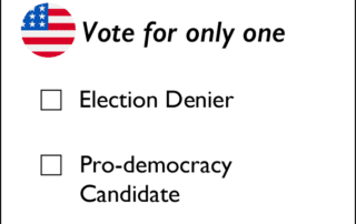 Image of a ballot offering a choice between "election denier" and "pro-democracy candidate"