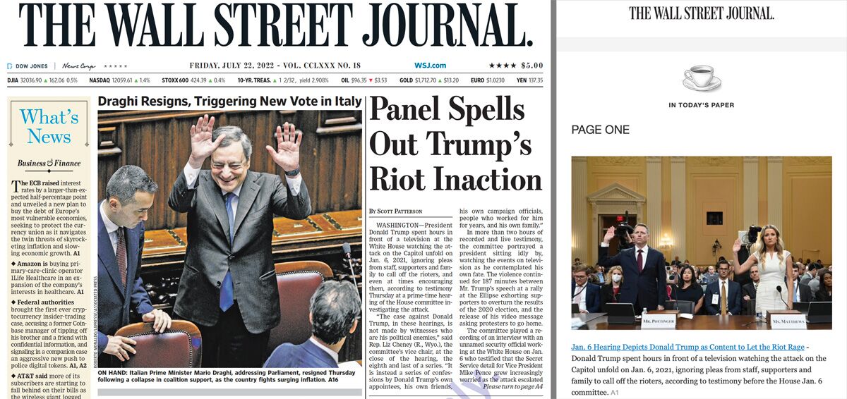 Wall Street Journal front page headline July 22, 2022