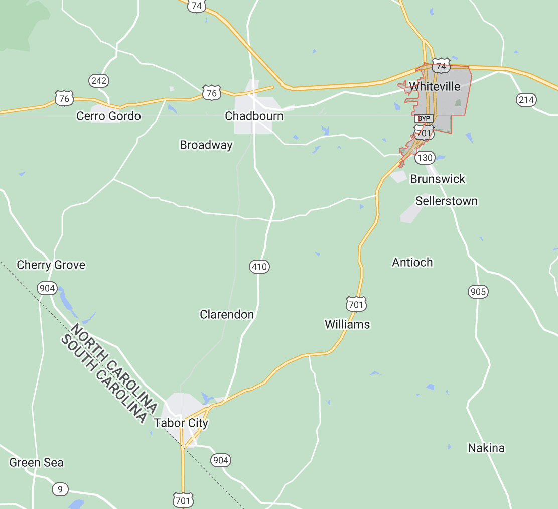 Map showing location of Whiteville, NC