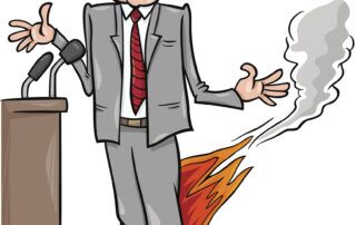 Cartoon illustration of a man at a podium with his pants on fire.