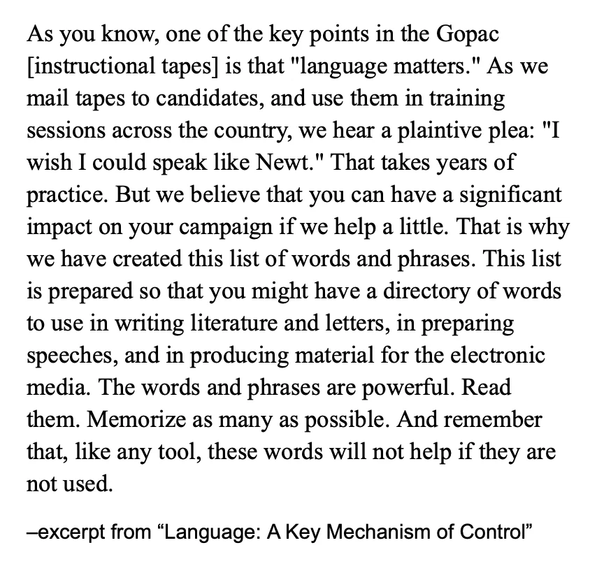 Excerpt from GOPAC training brochure, "Language: A Key Mechanism of Control"