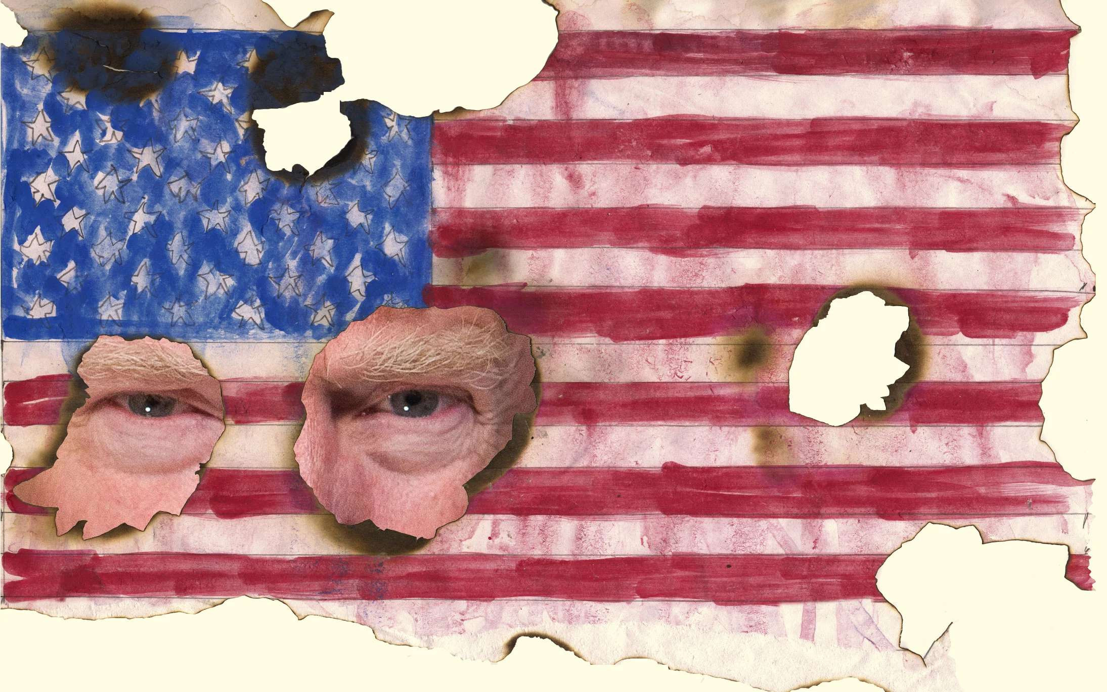 Damaged-Flag-Trump Damaged flag with Trump's eyes peering through holes