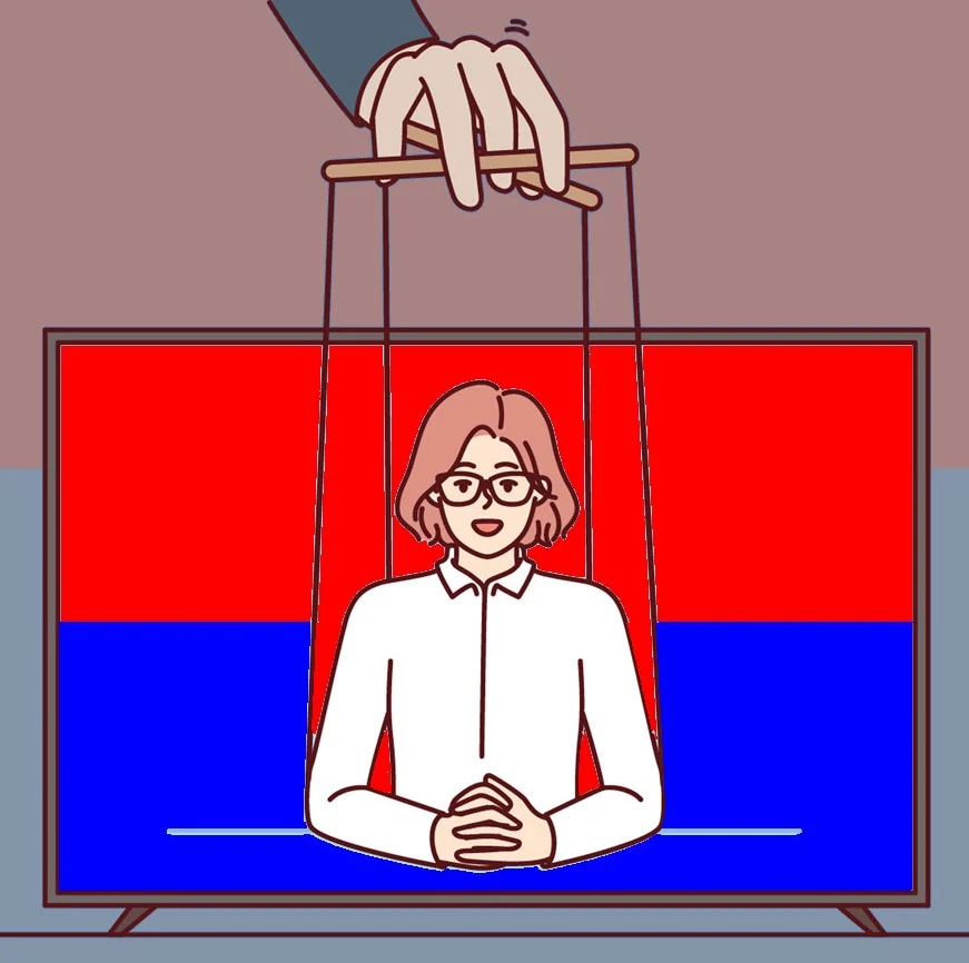 GOP-Red-Blue-narrative-2 Illustration of a newscaster on strings like a puppet
