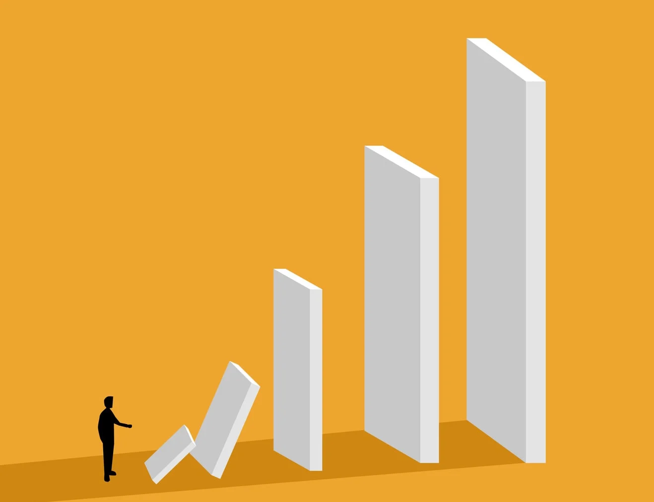 Illustration of a man knocking over a small domino which will knock over dominos of increasing size