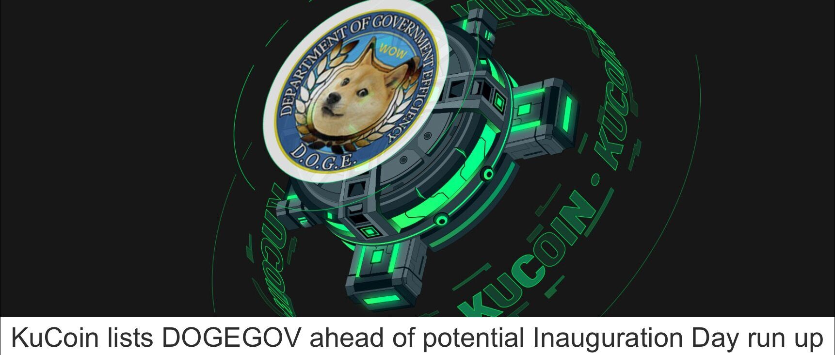 Graphic from DOGEGOV.com showing DOGE being listed on KuCoin, a cryptocurrency exchange