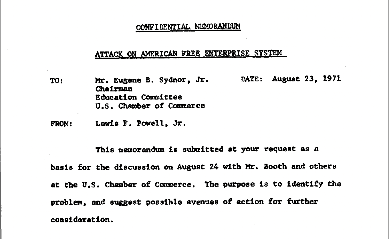 Scan of top half of first page of Lewis Powell memo