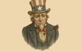 Wounded Uncle Same has an arrow in his heart and a single tear on his cheek.