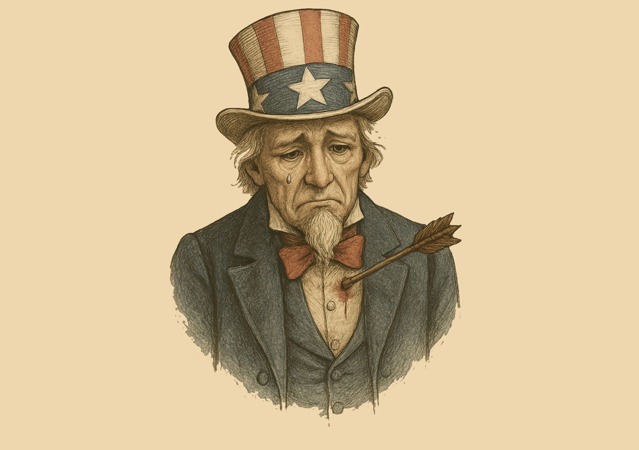 Wounded Uncle Same has an arrow in his heart and a single tear on his cheek.