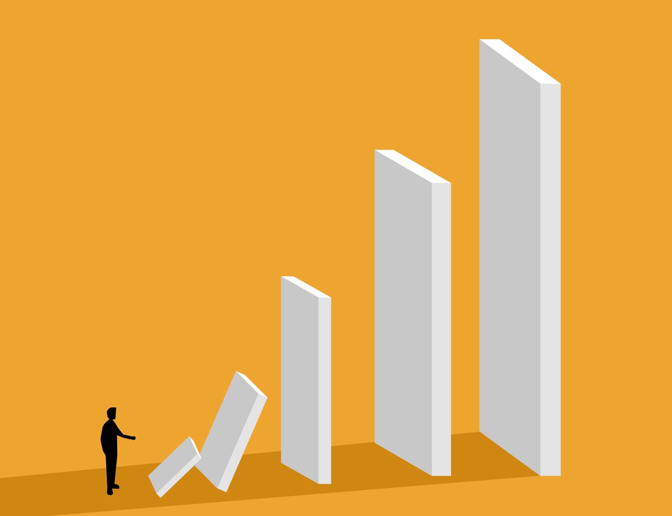 domino-effect-problem-solving Illustration of a man knocking over a small domino which will knock over dominos of increasing size