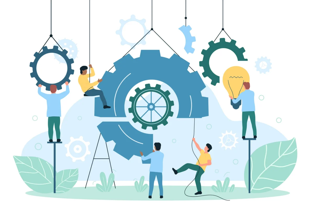 Implementation and integration of innovations into business process with tiny engineers Illustration of engineers building a new system